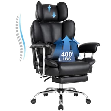 IWMH Ergonomischer Bürostuhl mit Fußstütze 200KG, PU Leder XXL Chefsessel mit Kopfstütze und Armlehnen, Computer Gaming Stuhl hoher Rückenlehne, Höhenverstellbarer(Schwarz)