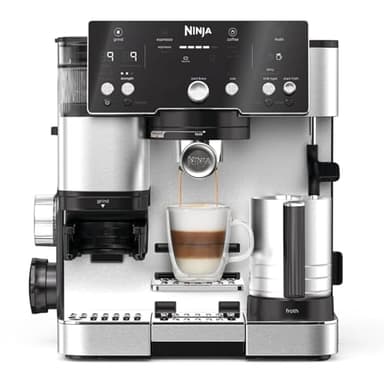 Ninja Luxe Essential 2-in-1-Kaffeemaschine mit Mahlwerk und Aufschäumer für Latte, Cappuccino & Espresso, einfache Handhabung, 2 Voreinstellungen zum Aufschäumen, Silber, ES501EU