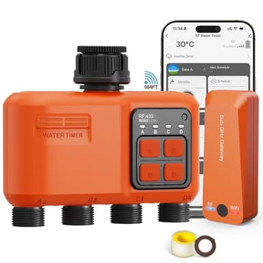 XinFuture Bewässerungscomputer WLAN 4 Ausgänge mit 300 Meter RF, Automatische Garten Smart Bewässerungsuhr mit APP/Alexa/Sprachsteuerung, Bewässerungssystem Regenverzögerung für Balkon Rasen Garten