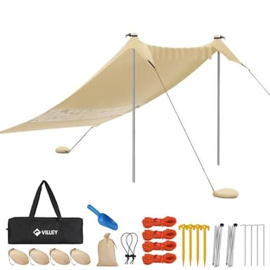 VILLEY Sonnenzelt 2m x 2,4m Khaki, UPF50+ UV Schutz Spandex Strandzelt für 3 Personen, Sonnenschirm Strand mit Sandsack und 2 Stützstäbe für Picknick, Angeln, Sonnenschutz