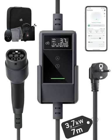 dé Typ 2 Ladekabel Schuko mit APP 3,7kW [7m, 6-16A, 1-phasig] Ladekabel Typ 2 Schuko mit Fernsteuerbarer Leistung - EV Charger 3,7kW für e Auto ID.3/4/5/7, Model Y/3, ENYAQ und Anderen PHEV/EV