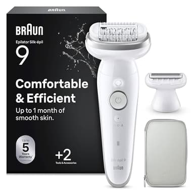 Braun Silk·épil 9 Epilierer Damen mit Schwenkbarem Kopf für Eine Einfache Haarentfernung, Wet&Dry, Langanhaltend Glatte Haut, Wasserdicht — Inkl. Rasieraufsatz und Trimmeraufsatz — 9-041, Silber