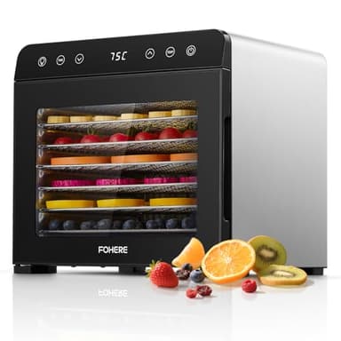 FOHERE Dörrautomat Edelstahl, 650W BPA-frei, Dörrgerät mit 8 Edelstahl-Etagen & 48h Timer 35-75℃, Leiser Lebensmittel-Dehydrator für Gemüse, Fleisch, Kräuter – Ideal für gesunde Snacks & Camping