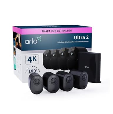 Arlo Ultra 2 Überwachungskamera Aussen WLAN, Kabellos, 4er Set, 4K UHD Qualitätsprodukt, 180° Sichtfeld, Spotlight, Farb-Nachtsicht, Bewegungsmelder, Alarm Sirene + mit Arlo Secure Testzeitraum