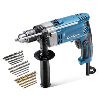 DongCheng Schlagbohrmaschine 710W, 2-in-1 Schlagbohrer, 13mm Bohrfutter, 45,000 IPM, 3000 RPM, 360 ° drehbarer Griff, mit 15 Stück Bohrkronen für Metall, Holz und Ziegelmauer