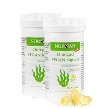 NORSAN Premium Omega 3 Vegan Kapseln 2er Pack (2x 80 Stück) - 1.700mg Omega 3 pro Tagesdosis - vegane Algenöl Kapseln mit hohem EPA- & DHA-Anteil - Algenöl aus nachhaltigem Anbau