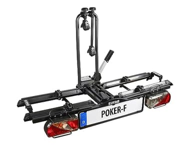 EUFAB 12010LAS Fahrradträger POKER-F, E-Bike geeignet, komplett vormontiert, Diebstahlschutz, für 2 Fahrräder, für Anhängerkupplung, Schwarz, 142 x 70 x 58 cm