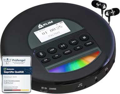 KLIM Nomad CD Player Bluetooth - Tragbarer CD-Player Discman mit langlebigem Akku - Inklusive Kopfhörer - CD-R, CD-RW, MP3 - Mit TF-Reader, Radio FM - Ideal für Autos