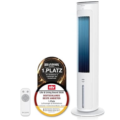 Brandson - Turmventilator mit Wasserkühlung - Preisträger 2026 - Verdunstungskühler - Luftkühler - Ventilator - mobile Klimaanlage ohne Abluftschlauch - 5 in 1 - leise - 4,7 L Wassertank - weiß