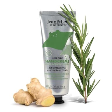 Jean & Len Sehr geile Handcreme Rosemary & Ginger, mit Urea, Handpflege für trockene und rissige Hände, spendet Feuchtigkeit und pflegt intensiv, ohne Parabene & Silikone, Handcreme Tube, vegan, 75 ml