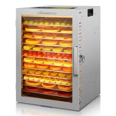 VarmBake Dörrautomat Edelstahl 12 Etagen, 1.1㎡ Dörrfläche, 30-90℃ Obsttrockner Dörrautomat Groß, 800W Lebensmittel Dörrgerät Für Kräuter Fleisch Dörrautomaten, & 316 Tabletts(29X29 cm)