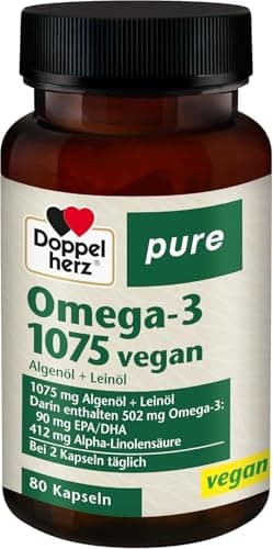 Doppelherz pure Omega-3 1075 vegan - Algenöl und Leinöl - Alpha-Linolensäure trägt zum Erhalt eines normalen Cholesterinspiegels bei - 80 Kapseln