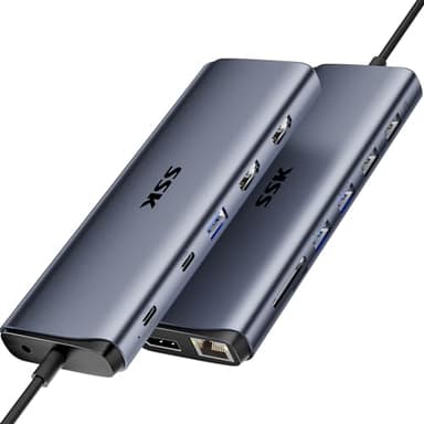 SSK 8K USB C Dock für Thunderbolt 4, MacBook Docking station 3 Monitore, 10 Gbit/s USB C Hub Dual HDMI, Displayport, Ethernet, 100 W PD, Mikrofon/Audio, USB C&A 3.2 Gen 2 Port für iPhone 15/Mac/Laptop