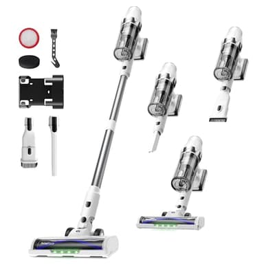ElecKeys Akku Staubsauger 48000Pa/580W/65Min, Staubsauger Kabellos mit LED Display, Anti-Tangle-Bürste, Selbststehend, 7-Schicht-Filtration, Akkustaubsauger für Hartböden Teppiche Tierhaare, Weiß