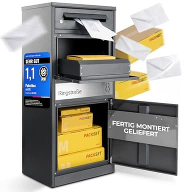 sortiQ Paketbox Draussen Groß XXL (Anthrazit) | Briefkasten mit Paketfach Freistehend | 100% Wasserdicht & fertig Montiert | Diebstahlschutz Paketbriefkasten für Zuhause | sicherer Standbriefkasten
