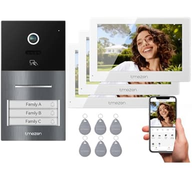 TMEZON WLAN Video Türsprechanlage 3-familienhaus, 7''IP Farb-Touchscreen mit 1080P Metalldoorbell, 2-Draht Installation,Zwei-Wege-Audio,Personenerkennung,3 Entsperrmethoden & App-Steuerung