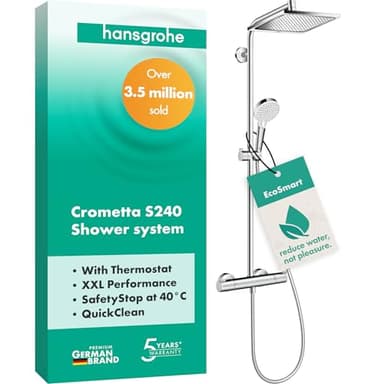hansgrohe Crometta E - wassersparendes Duschsystem (EcoSmart) mit Thermostat, Regendusche (240 x 240 mm) mit Armatur, Handbrause, Schlauch, Brausestange und eckiger Kopfbrause, Chrom, 27281000