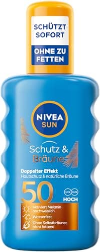 NIVEA SUN Schutz & Bräune Sonnenspray LSF 50, wasserfeste Sonnencreme mit Pro-Melanin-Extrakt für eine ebenmäßige Bräune, sofortiger Sonnenschutz vor UVA/UVB-Strahlen (200 ml)