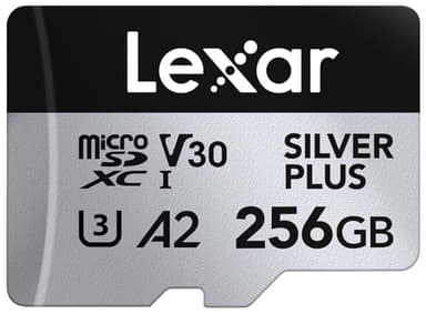 Lexar Silver Plus 256GB Micro SD Karte bis zu 205MB/s, MicroSDXC UHS-I Flash Speicherkarte mit Adapter, C10, U3, A2, V30, Full HD, 4K UHD, High Speed TF Karte für Drohne, Action-Kamera, Handkonsolen