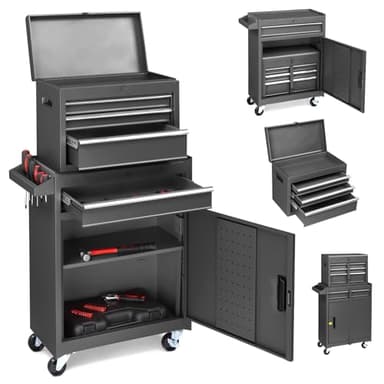 LEADZM Werkstattwagen leer, Werkzeugwagen leer, Werkzeugschrank mit Schloss, Koffer & 4 Fächer & verstellbarem Regal, Kugelgelagerte Schubladen, Metall, 59x28x102cm（Schwarz）