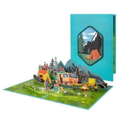 GREETING ART Pop-Up Karte Camping mit Wohnmobil- 3D Geburtstagskarte oder Geldgeschenk für Camper, Lustiges Camping Geschenk für Frauen und Männer, Gutschein für Campingplatz oder Reise