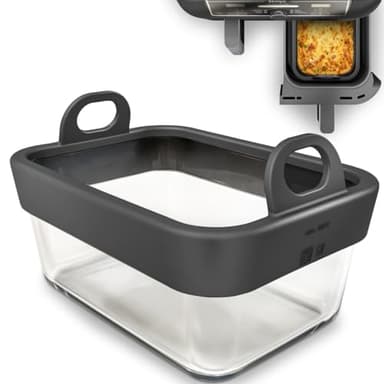 Glas Auflaufform für Airfryer mit Silikongriffen – Heißluftfritteusen Zubehör passend für Cosori, Ninja, Philips uvm. Hitzebeständig, Kraztfest, Spülmaschinenfest, Herausnehmbarer Silikonring