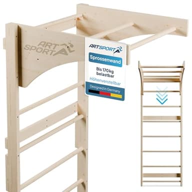 ArtSport Sprossenwand für Erwachsene – Indoor Klettergerüst aus Holz mit Klimmzugstange, stabile Kletterwand zur Wandbefestigung für Fitness & Training – Natur
