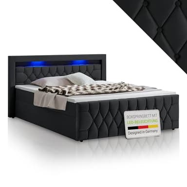 Juskys Boxspringbett Leona 180x200 cm - Bett mit LED Beleuchtung, Topper & H4 Federkern Matratzen - Einzelbett Schwarz mit Samt und Steppung