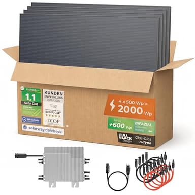 Solarway® Balkonkraftwerk 2000W komplett Steckdose - neuester 2000W Wechselrichter - Solaranlage Komplettset - 500W bifaziale Solarmodule & Deye & Zubehör