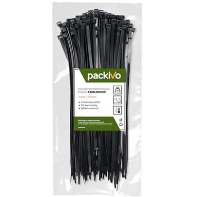 PACKIVO Kabelbinder Schwarz 200mm x 4,8mm, 100 Stück UV-beständige Kabelbinder, 22kg Zugfestigkeit, Innen- und Außengebäude, Haushalt, Büro