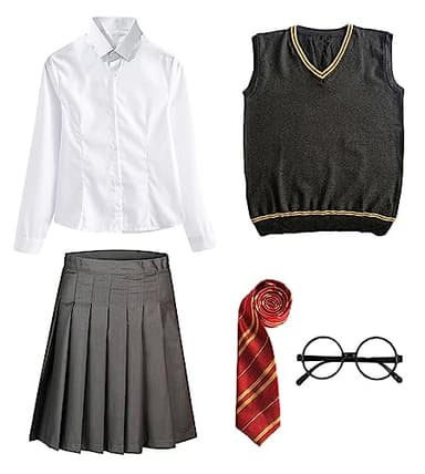 FStory&Winyee Zauberer Set Bluse Rock Weste Krawatte Brille Kostüm Zubehör für Kinder Erwachsene Zubehör Set Striped Tie Gestreifte Krawatte zum Karneval Fasching Halloween,2 Weiblich-rot,135