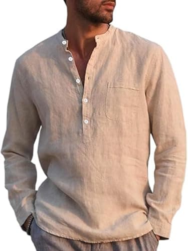 Runcati Herren Leinenhemd Langarm Baumwolle Leinen Shirt Männer Freizeithemd Regular Fit Strand Sommerhemd Beige XXL