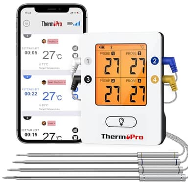 ThermoPro Bluetooth 5.0 Digital Bratenthermometer Grillthermometer Funk Fleischthermometer mit 4 Sonde für BBQ, Garraum, Smoker, Steak, Unterstützt IOS, Android, Reichweite bis zu 150m
