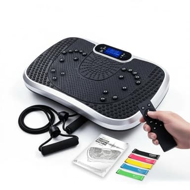 Vibrationsplatte - Fitnessgeräte für Zuhause - 99 Intensitätsstufen - 5 Trainingsprogramme - Massagegerät & Sportgerät mit Bluetooth für Home Workout - Mit Widerstandsbändern - WeightWorld