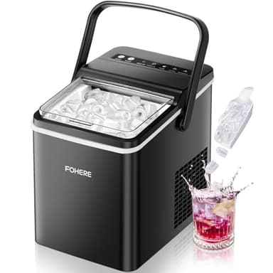 FOHERE Eiswürfelmaschine mit Tragegriff, 14kg/24Std, 9 Bullet Eiswürfel in 5 Minuten, 2 Größen, Selbstreinigend, Tragbare mit Schaufel & Korb – Ideal für Zuhause Küche Büro Camping Party RV