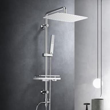 Görbach Regendusche Duschset Duschsystem mit Ablage Chrom Wassersparend Duschstangeset ohne Duscharmatur mit Kopfbrause 35x25cm