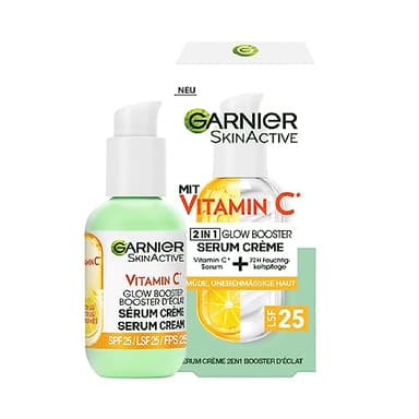 Garnier Serum-Crème gegen müde Haut und dunkle Flecken, 2in1 Tagespflege für mehr Glow und einen ebenmäßigen Teint, Mit Vitamin C, Skin Active, 50 ml