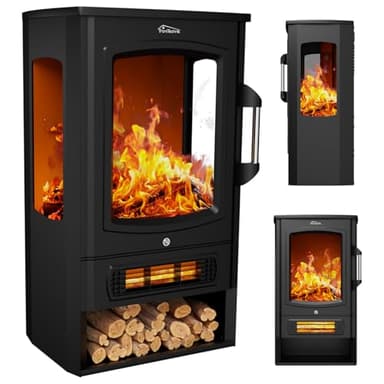 Tronitechnik® Elektrokamin elektrisch - Kaminfeuer mit LED Flammeneffekt, 1kW/2kW Watt Kamin, mit Thermostat Panorama-Sichtfenster Heizfunktion, 2 Heizstufen, mit Ventilation