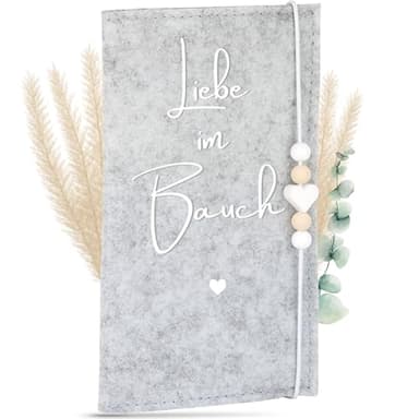 MAHEWA® Mutter-Kind-Pass-Hülle Österreich aus Filz-Stoff | Mutterpass-Organizer Mutterpass-Tasche Schutzhülle (Mutterkindpass "Liebe im Bauch", Hellgrau)