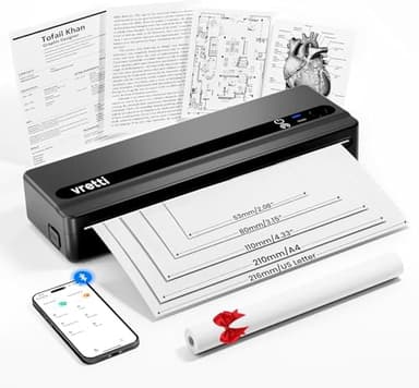 vretti PB821 Mobiler Drucker, Tragbare Thermodrucker unterstützt das Bedrucken von A4-Thermopapier,Bluetooth Thermodrucker unterstützt iOS und Android