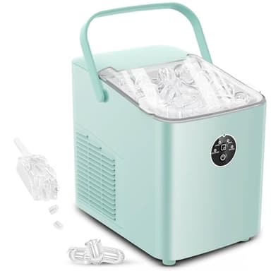 FOHERE Eiswürfelmaschine Klein, 14 kg 24 Stunden, Eiswürfel in 6 Minuten, 2 Größen von Bullet Ice, Selbstreinigende Ice Maker mit Griff, Eisschaufel u. Korb, Eiswürfelbereiter für Party, Büro, RV