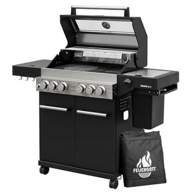 Feuergott Gasgrill Hektor 4B-S Edelstahl Gasgrillstation 4 Brenner, Infrarot Sear-Brenner, Gusseisen-Grillrost, Heckbrenner, Seitenkocher und Kochplatte Inkl. Abdeckhaube für Garten, Terrasse