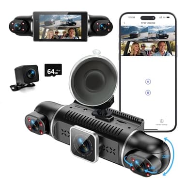 4 Kanal Dashcam Auto Vorne Hinten 4K/1080P,360° Dasch-Cam Auto mit 64GB SD-Karte,3" IPS-Bildschirm,4X 140° Weitwinkel,WDR Nachtsicht (8 IR-LEDs),G-Sensor,Dashcam mit parküberwachung,Loop-Aufnahme,WiFi