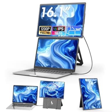 Teamgee 16,1" Laptop Monitor Erweiterung, FHD 1200P IPS tragbarer Monitor mit höhenverstellbarem 360° Magnetständer, ultradünne Doppelanzeige für Mac/Wins/Chrome (13-17,3" Laptops), VESA-montierbar