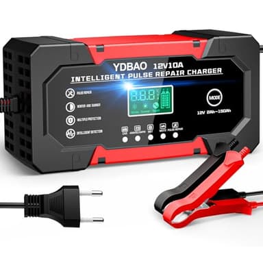 Autobatterie Ladegerät 10A Batterieladegerät 12V LiFePO4 & AGM Option Intelligentes Ladegerät Autobatterie mit LCD Display Temperaturkompensation Batteriepfleger Mit Reparaturmodus für Auto Motorrad