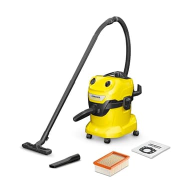 Karcher WD 4 V-20/5/22 Nass-& Trockensauger, 20 l Kunststoffbehälter, 5 m Kabel, 2,2 m Saugschlauch, Clips-Bodendüse, „Pull & Push“-Verschlusssystem, Flachfaltenfilter und Vliesfilterbeutel, Gelb