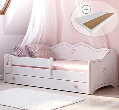 Kids Collective Kinderbett Mädchen Jugendbett 80x180 cm mit Matratze Rausfallschutz & Schublade | Prinzessin Kinder Sofa Couch Bett umbaubar rosa weiß | von 3. bis 12. Lebensjahr