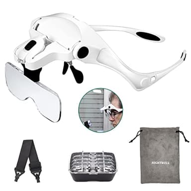 Rightwell Lupenbrille mit Licht Hände Frei Kopfband Lupen mit 2 LED Lichts für Denest,Elektriker,Juweliere,Nähen,und ältere Menschen-5 Wechselobjektive (1.0X bis 3.5X)