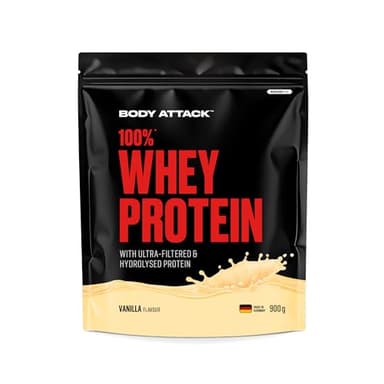 Body Attack 100% Whey Protein - Vanilla, 900 g - Made in Germany - extra cremiges Eiweißpulver mit Hydrolysat und BCAA´s, unterstützt Muskelaufbau und Diäten, für alle Sportler & Athleten