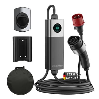 FOXMOD Mobile Wallbox 22kW, Tragbares Elektroauto Ladegerät Typ 2 (6A-32A Einstellbar), 7m Ladekabel, CEE Stecker, IP66 Wasserdicht, Plug & Play, für VW ID, Tesla, Hyundai, Renault